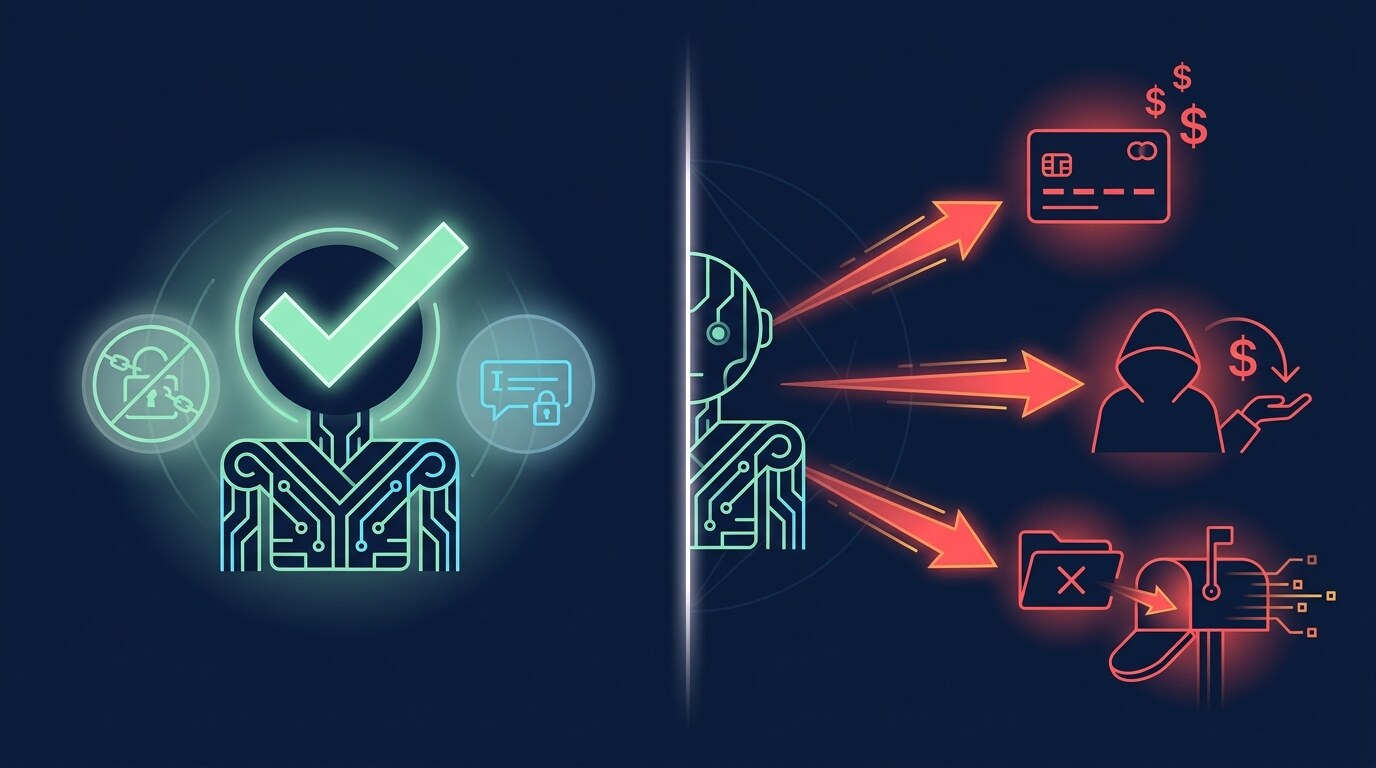 The same AI agent passing the safety tests it's checked against, while being breached through the channels nobody tests - a poisoned tool description and a malicious instruction hidden in a document it reads.